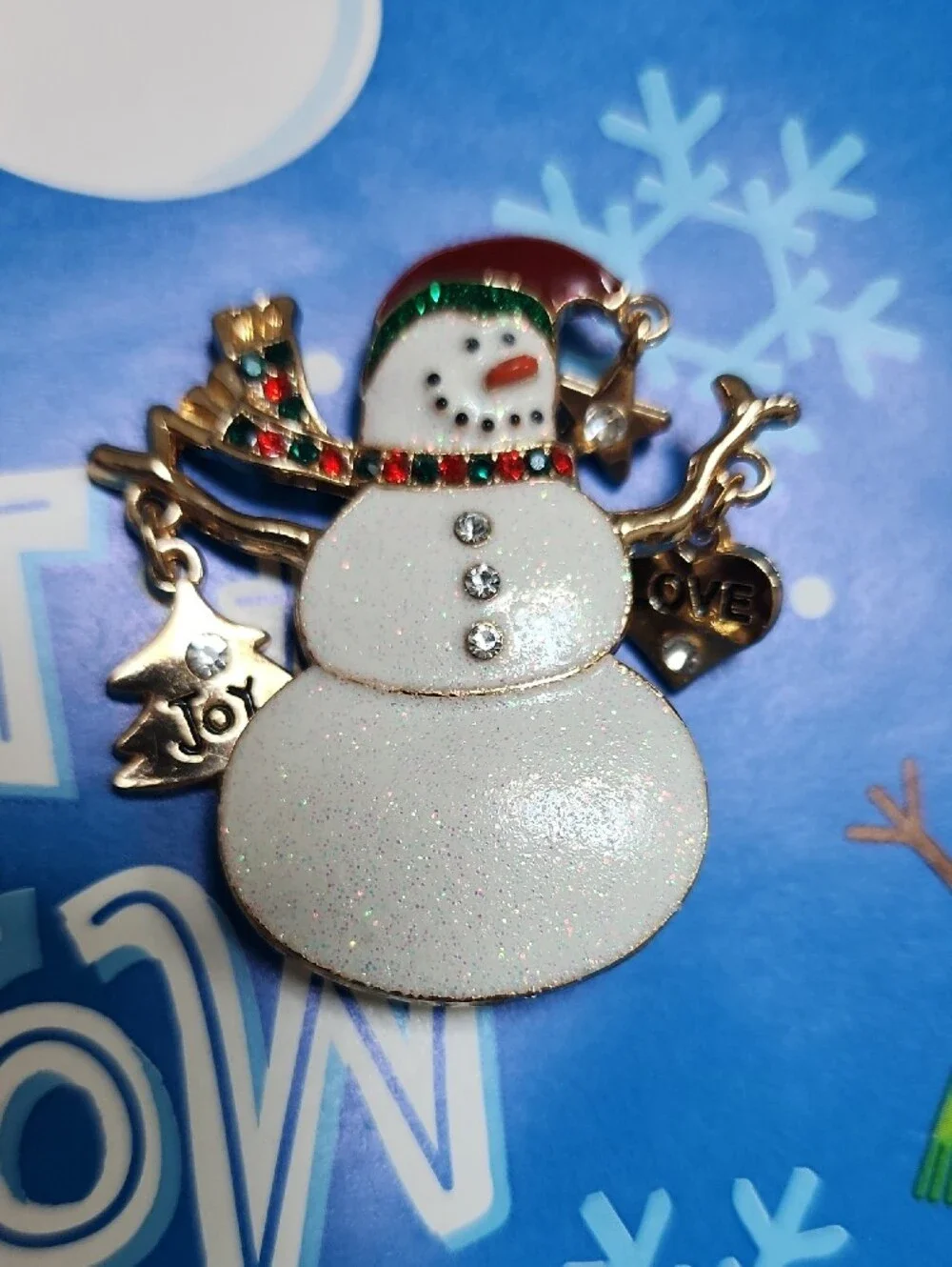 Sparkling Snowman Holiday Brooch - White & Gold